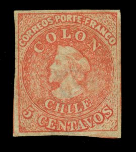 CHILE 1865 COLUMBUS - last Santiago print - 5c carmine red Scott# 14a mint MH XF