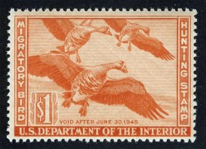 US Sc RW11 Red Orange $1.00 1944 Lightly Hinged Original Gum Federal Duck  