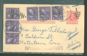 US 807 1952 Six 3c Jefferson added to a 2c postal card underpaid by 2c the 20c Special Delivery rate/postage due not collected.