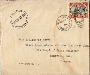 Dominica 1 1/2d KGV and Seal of the Colony 1935 New York, N.Y. Paquebot Hoski...