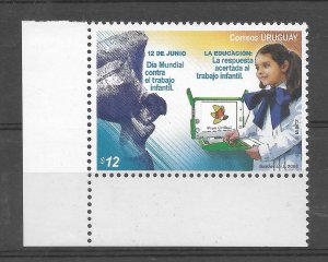 URUGUAY 2008 WORLD DAY AGAINST CHILD LABOR, EDUCATION, 1 VALUE MINT NH