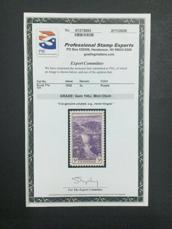 MOMEN: US STAMPS #774 MINT OG NH PSE GRADED CERT GEM-100J