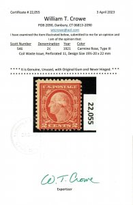U.S. #546 Sound Mint NH w/ Crowe Certificate