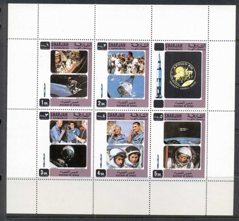 Sharjah 1970 Mi#686-690 History of Space Research (II) sheetlet MUH