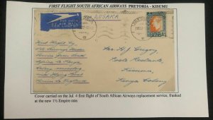 1937 Pretoria South Africa First Flight Airmail Cover To Kisumu Kenya