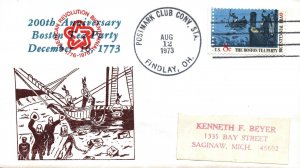 US SPECIAL EVENT CACHET COVER BICENTENNIAL OF THE BOSTON TEA PARTY FINDLAY 1973