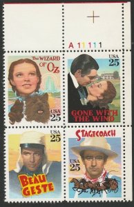 1990 Classic Films Plate Block Of 4 25c Postage Stamps, Sc# 2445-2448, MNH, OG