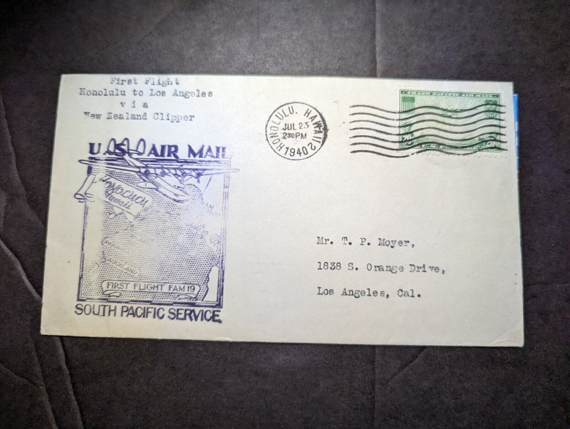 1940 USA Airmail FAM 19 First Flight Cover FFC Honolulu HI to Los Angeles CA