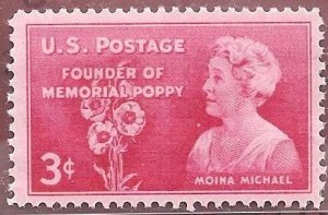 1948 Moina Michael- Founder of Memorial Poppy- Single 3c Stamp, Sc# 977, MNH, OG