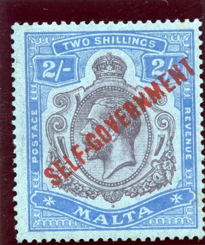 Malta 1922 KGV auto gobierno 2s púrpura y azul/azul Excelente estampillada sin montar o nunca montada. SG 120. SC 92. 