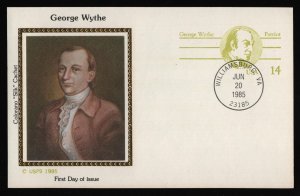 #UX108 14c George Wythe, Colorano Silk-Hand Stamped FDC *ANY 5=FREE SHIPPING**