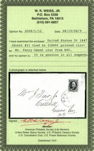 USAstamps Used VF US 1847 Franklin First Stamp on a Letter Scott 1 Beauty +Cert 