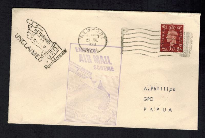 1938 England First Flight Cover via Imperial Airways to Port Moresby Papua FFC