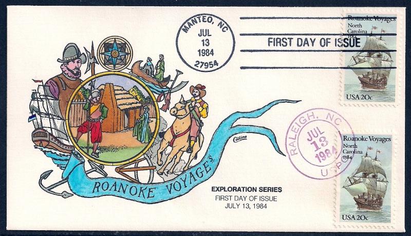 UNITED STATES FDC 20¢ Roanoke Voyage DUAL 1984 Collins H-P