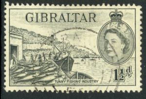 GIBRALTAR 1953 QE2 1 1/2d TUNNY FISHING SG No. 147 / Sc 134 VFU