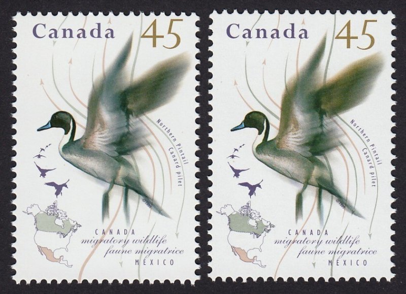 VARIETY PAIR Thin pink line= NORTHERN PINTAIL DUCK = MNH Canada 1995 #1565,1565i