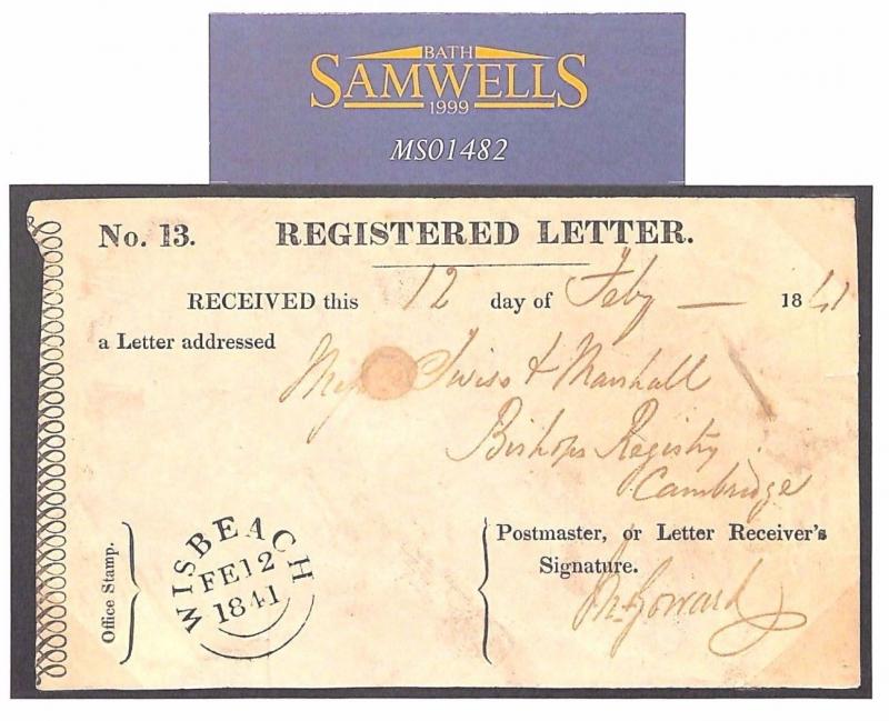 GB *VERY EARLY* REGISTERED LETTER GPO Receipt Wisbech Cambs RARE 1841 MS1482