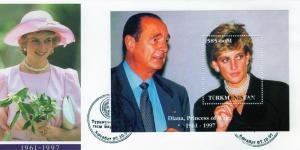 Turkmenistan 1997 PRINCESS DIANA & FRENCH PRESIDENT CHIRAC s/s in Official FDC