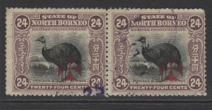 NORTH BORNEO SG212 1916 24c DULL MAUVE USED PAIR