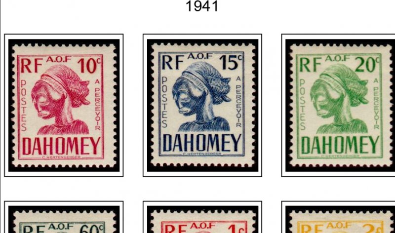 COLOR PRINTED DAHOMEY 1899-1944 STAMP ALBUM PAGES (16 illustrated pages)