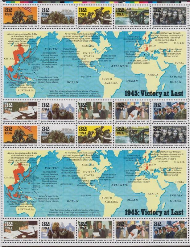 1995 WWII 5th Year Sc 2981 a-i  pane of 20  Full Mint Sheet