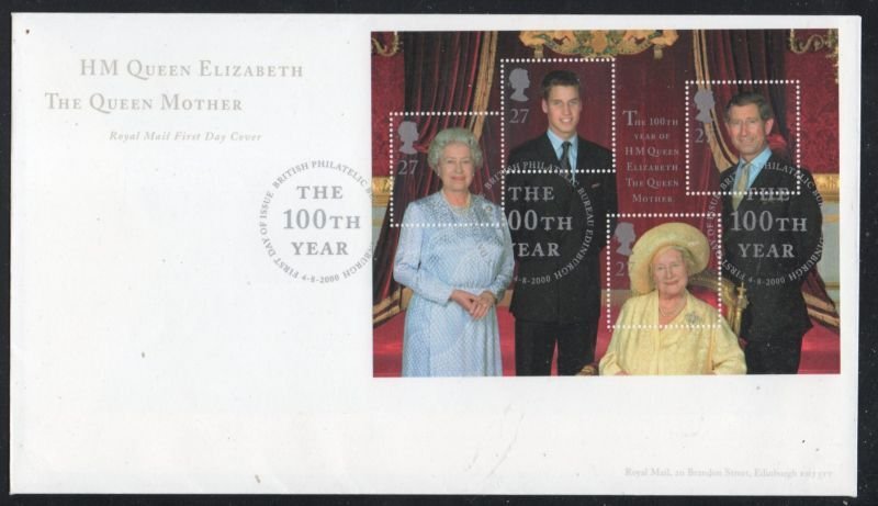 Great Britain Sc 1943 2000 Queen Mother 100 ys stamp sheet used on FDC