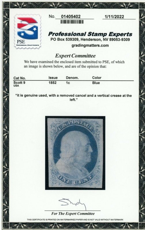 US Stamp #9 Franklin 1c - PSE Cert - Used - CV $100.00