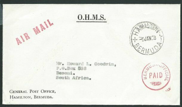 BERMUDA 1968 OHMS cover to South Africa - OFFICIAL PAID in red.............39936