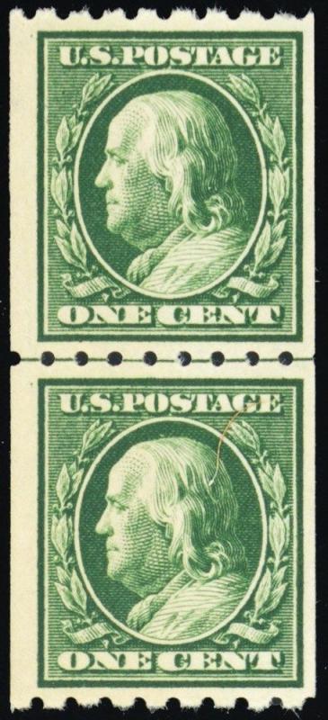 390, Mint VF NH 1¢ Coil Line Pair Cat $72.50 - Stuart Katz