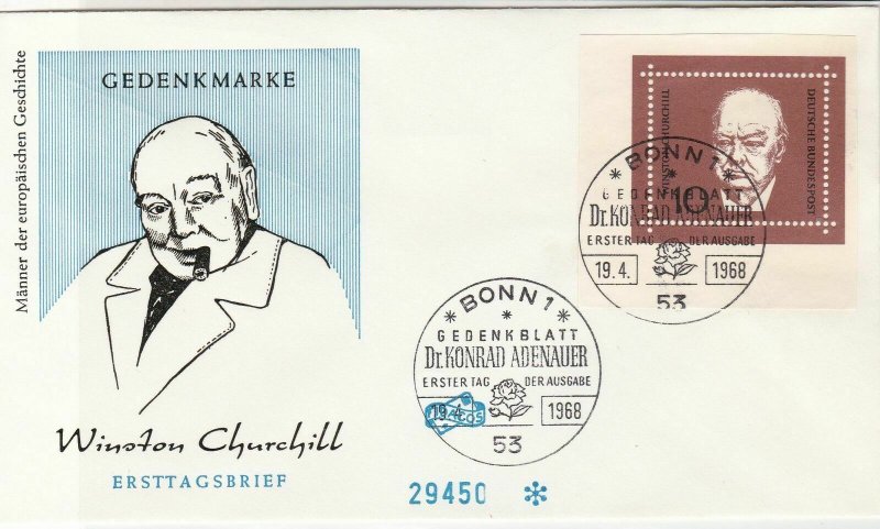 Germany 1968 Winston Churchill Bonn1 Slogan Cancels Stamp FDC Cover Ref 25758