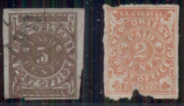 CONFEDERATE STATES - NEW ORLEANS #66x2-3, 2¢ & 5¢ Provisionals, Scott $390.00