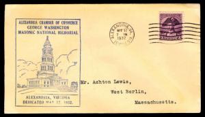 1932 ALEXANDRIA MASONIC NATIONAL MEMORIAL DEDICATION COVER - U.S. #708 (ESP#142)