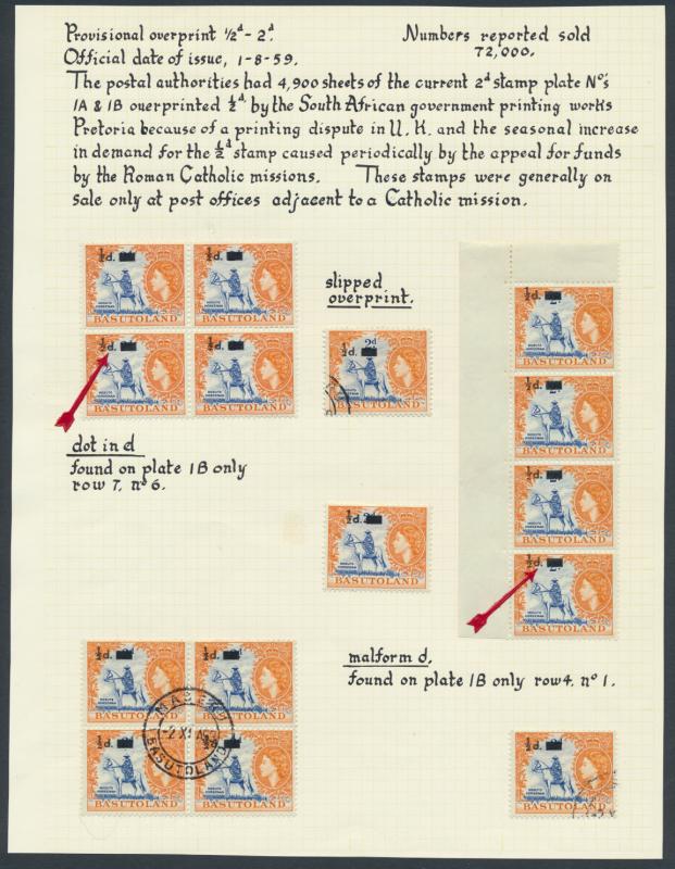 Basutoland  SG 54 SC#57 - A study of the 1959  ½d surcharge 2d see details- ...