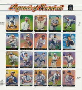 2000 issued Baseball Legends Sc 3408 MINT sheet of 20 different, self-adhesive