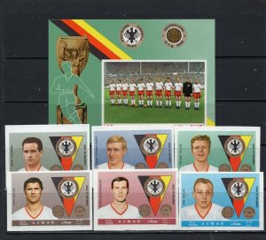 AJMAN 1969 SOCCER/FAMOUS GERMAN PLAYERS SET OF 6 STAMPS & S/S IMPERF. MNH