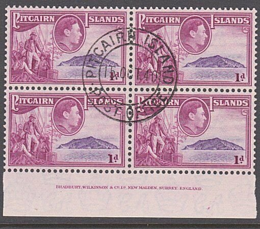 PITCAIRN 1940 GVI 1d imprint block of 4 fine used..........................29961