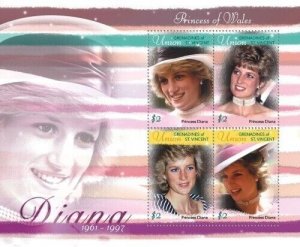 Union Island 2008 - Princess Diana Sheet of 4 Stamps MNH