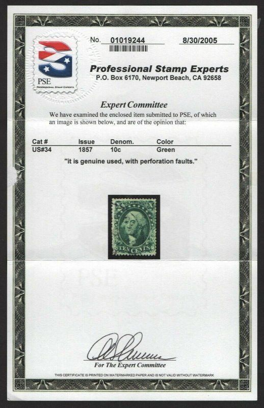 SCOTT #34 USED- VF- Elusive 10c Type IV - w/PSE Cert. SCV $2,100  (LB 3/3)