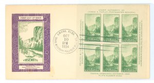 US 751 1934 1c Yosemite National Park (Farley mini-sheet of six imperf stamps) on an unaddressed first day cover with a Beverly