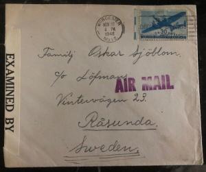 1942 Worcester Ma USA Censored Airmail Cover To Råsunda Sweden