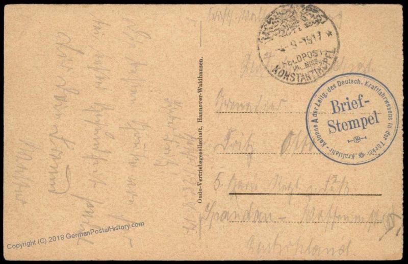 Germany WWI 1917 Kraftfahrwesen Turkey Military Mission Cover Feldpost 82736