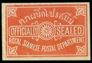 THAILAND 1880’s Royal Siamese Postal Dept OFFICIALLY SEALED label in red, imperf