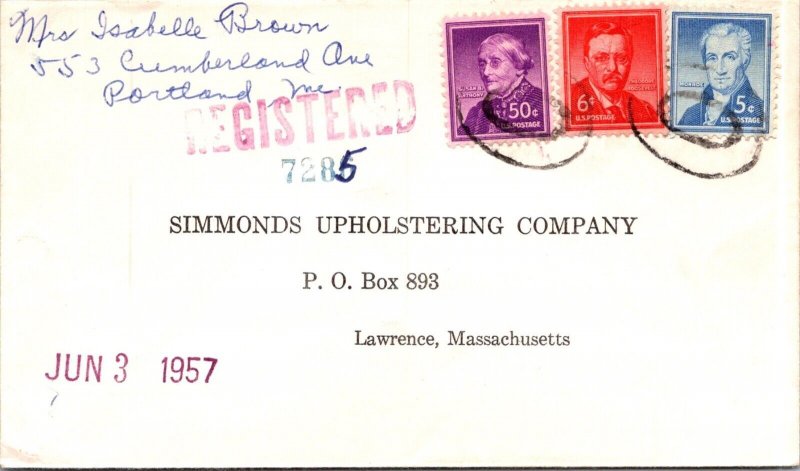 SCHALLSTAMPS UNITED STATES 1957 REG COVER ADDR LAWRENCE MASS CANC PORTLAND