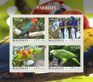 Maldives Birds on Stamps 2019 MNH Parrots Macaws Amazons Lovebirds 4v M/S