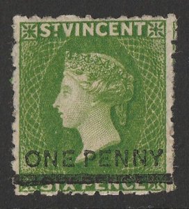 ST. VINCENT 1881 'ONE PENNY' on QV 6d bright green. SG 34 cat £475..