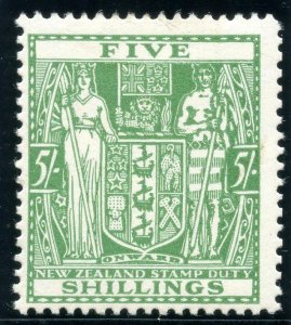 New Zealand 1940 KGVI Arms Fiscal 5s green MLH. SG F195. Sc AR78.