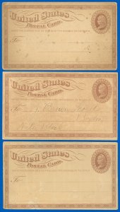 1873 Postal Card #UX1 LOT/3, 2 Unused, 1 w/ Writing, Condition Issues, SCV $820!