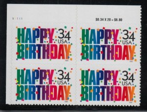 2002 Happy Birthday stamp issue Sc 3558 34c plate block of 4 MNH UL 