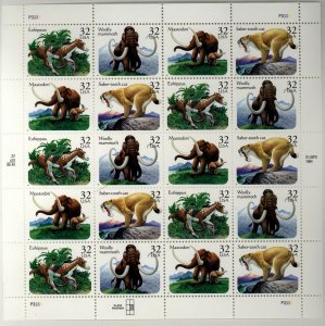 US Scott 3077-80  32c Prehistoric Animals Mint  NH Sheet of 20 