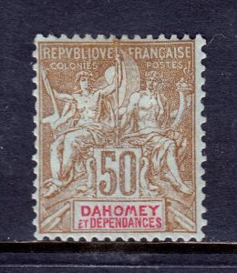 DAHOMEY — SCOTT 12 — 1901 50c BRN. ON AZURE NAVIGATION ISSUE — USED — SCV $40